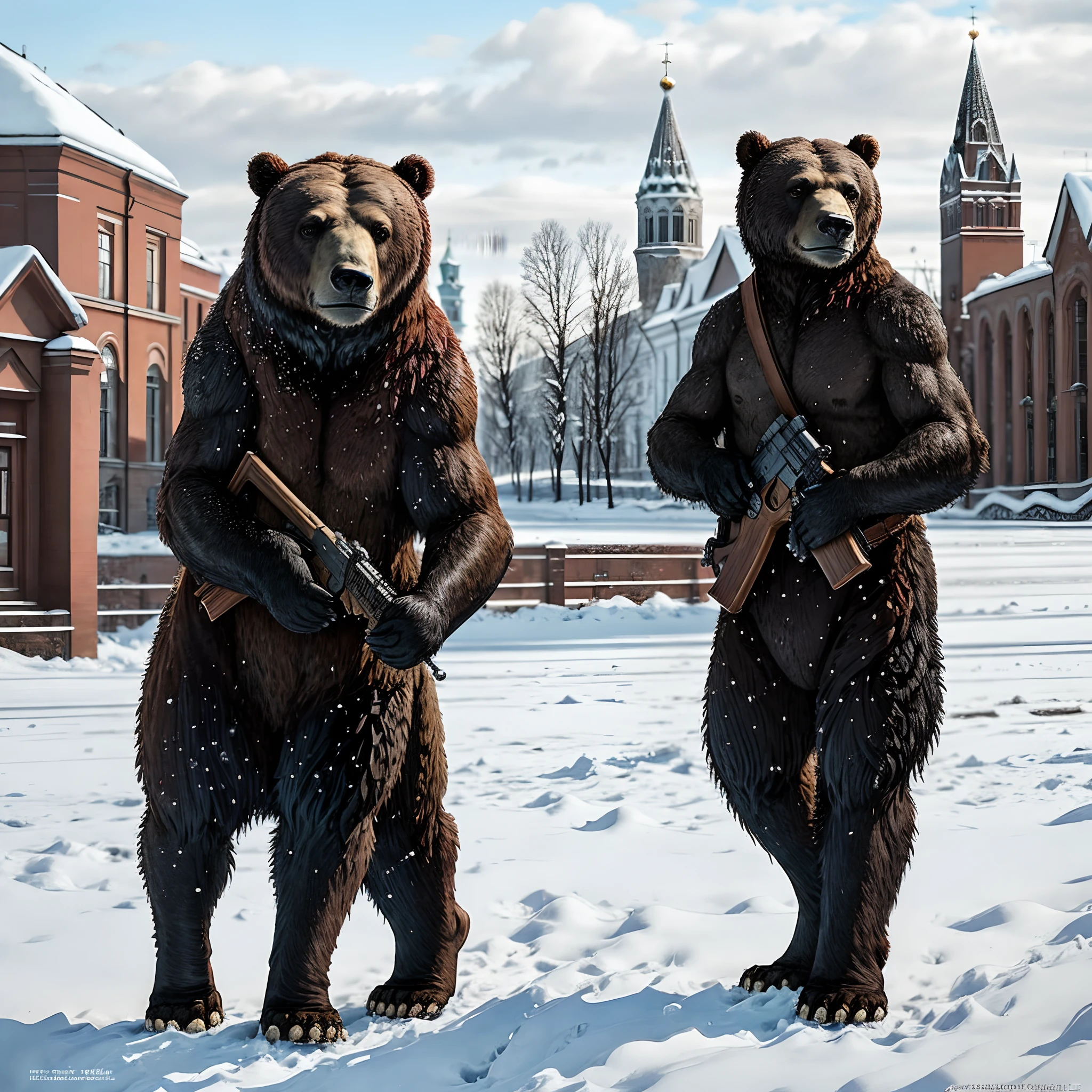 Realistic photo of a brown bear in Soviet uniform holding a Kalashnikov in front of the Kremlin