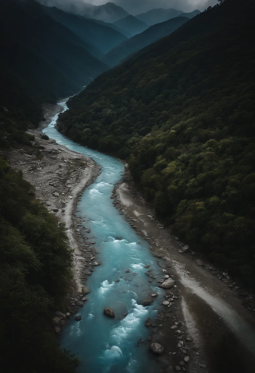 The blue river seen from the height of the Nepalese mountains.
