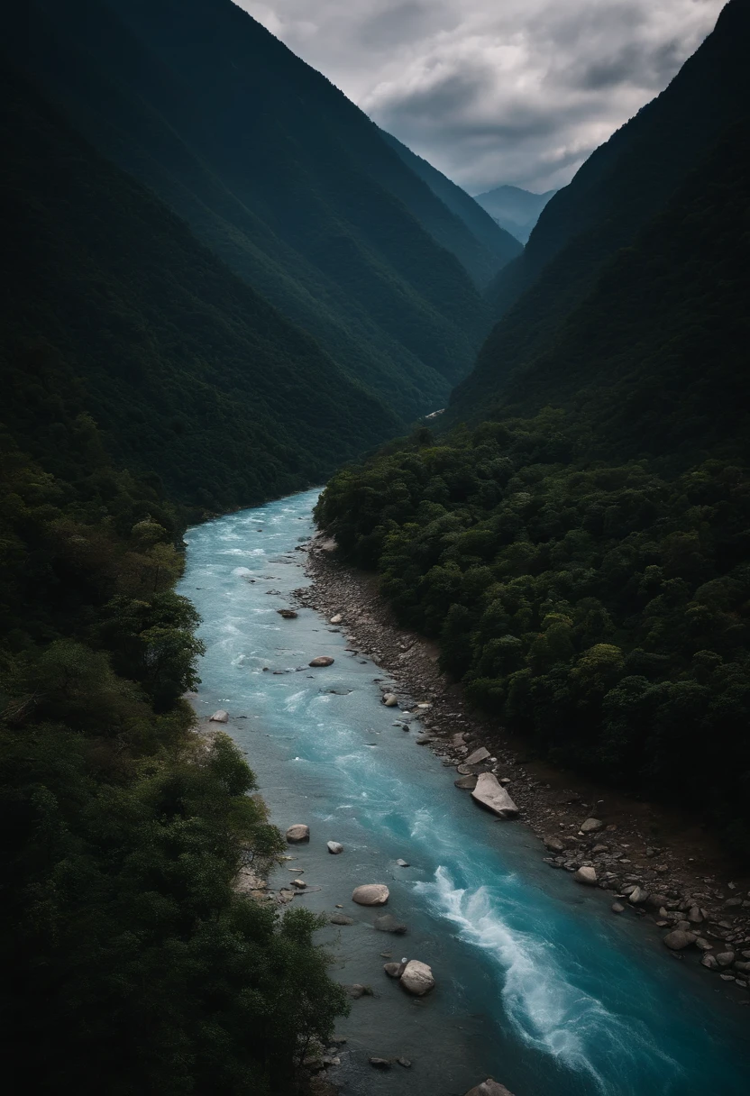 The blue river seen from the height of the Nepalese mountains.