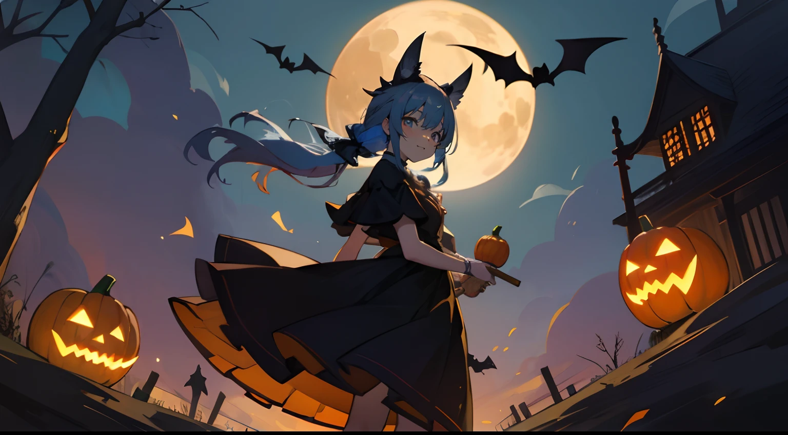 ((​masterpiece:1.4、top-quality)) 、(18-year-old woman in haunted costume、Smiling and looking at the camera、She wears a skull brooch and hair tie、Blue-haired、Golden eye、kawaii、) 、Splash Art Anime Style, 🍂 Cute, halloween art style, flirty anime witch casting magic, ❤🔥🍄🌪, halloween celebration, Witch Girl, trick or treat, bright witch, kawaii、Halloween Style,The background is a haunted house lit by pumpkins and moonlight、Bats are flying、