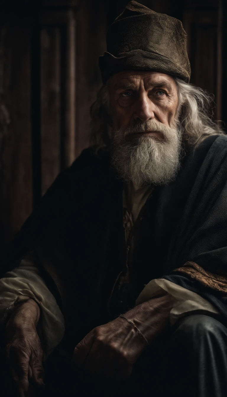 A portrait of a wizard, bearded, wrinkled, weathered, with piercing eyes, detailed face, high details, photography, dark studio, rim light, Nikon D850, 50mm, f/1.4