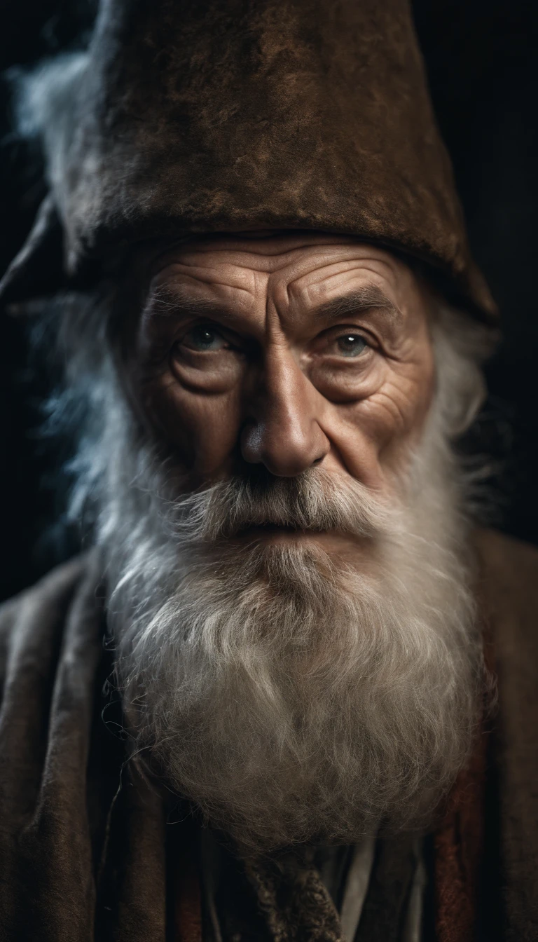 A portrait of a wizard, bearded, wrinkled, weathered, with piercing eyes, detailed face, high details, photography, dark studio, rim light, Nikon D850, 50mm, f/1.4