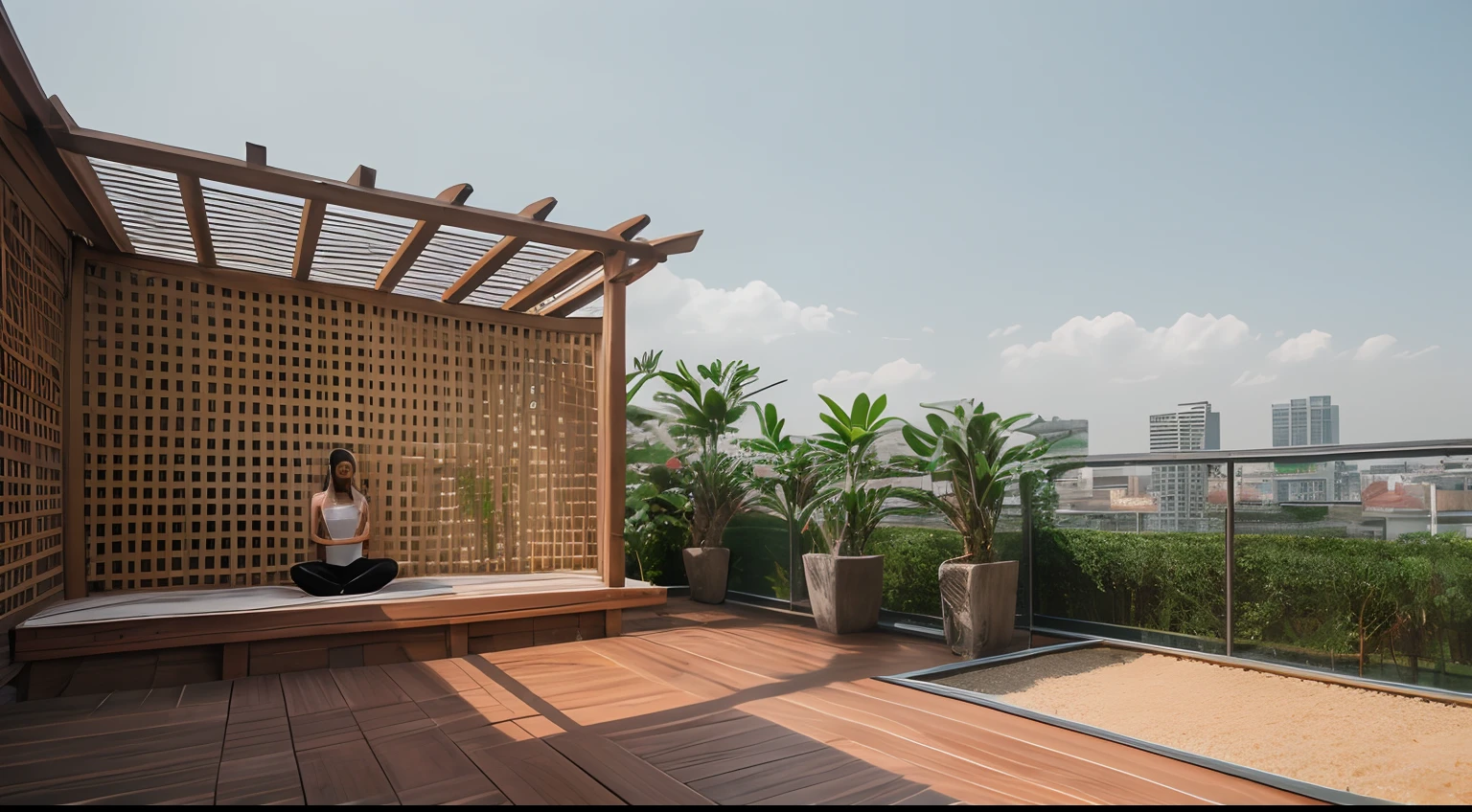 RAW photo, (Masterpiece), high quality, best quality, authentic, (super detail), ultra realistic,there is a woman yoga,, zen garden,bosai treen, rooftop, pergola, stone wall,  meditation, hanoi view from the balcony, daylight, vegetable patch, 8k uhd, dslr, soft lighting, high quality, photography shot with Leica CL with Leica Summilux-TL 35mm f-1.4 ASPH