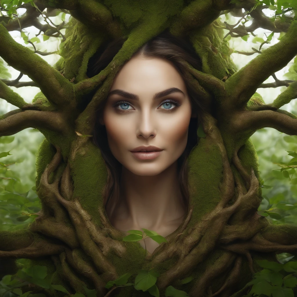 (Beautiful eyes、delicate nose、delicate mouth、Beautuful Women)、8k、close up, Arbomorph Woman's face hug turns into a lush tree, Roots as feet, Arm-like branches, Some leaves fly on a white background,
