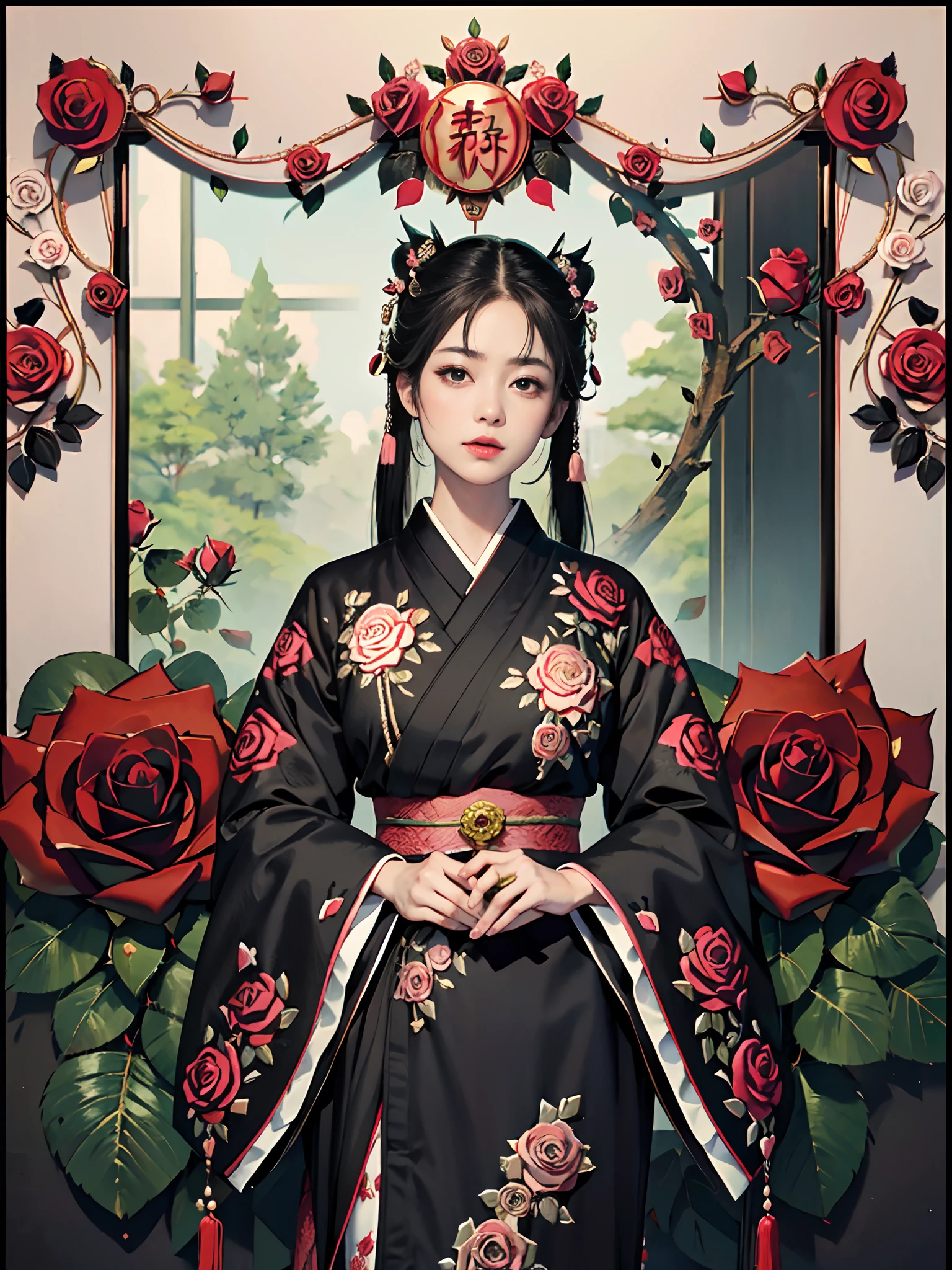 rokoko:1.5,Background of details(Japanese garden(rose:1.5)),BREAK ,elaborate costume(Luxury kimono(Black kimono(detailed embroidery(Black rose embroidery:1.2)))),BREAK,1 Beautiful and classy adult woman(Japanese actressl:1.2)(shinny hair(A black,verdant),(poneyTail:1.2))(Arms outstretched),BREAK,Wallpapers 16K,Blur the background,(masutepiece:1.5), (Best Quality:1.5),(Portrait photos:1.5),(full body Esbian:1.5)