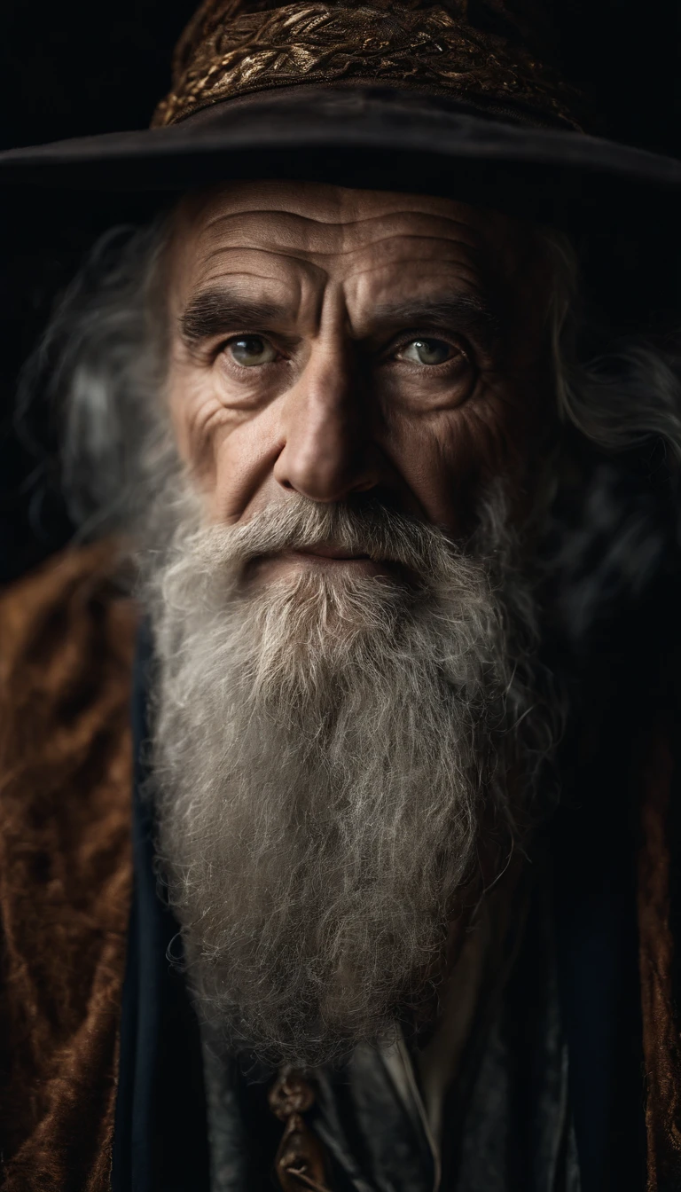 A portrait of a wizard, bearded, wrinkled, weathered, with piercing eyes, detailed face, high details, photography, dark studio, rim light, Nikon D850, 50mm, f/1.4