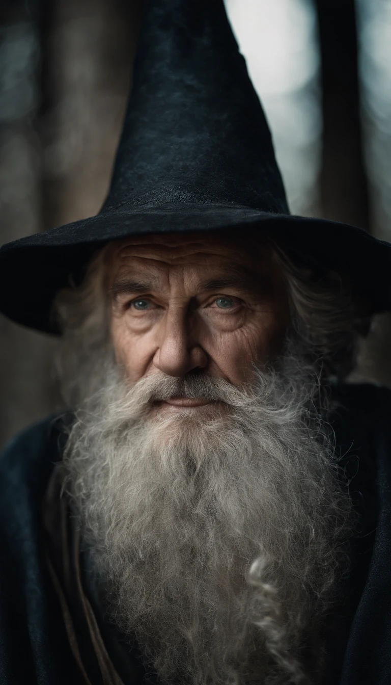 A portrait of a wizard, bearded, wrinkled, weathered, with piercing eyes, detailed face, high details, photography, dark studio, rim light, Nikon D850, 50mm, f/1.4