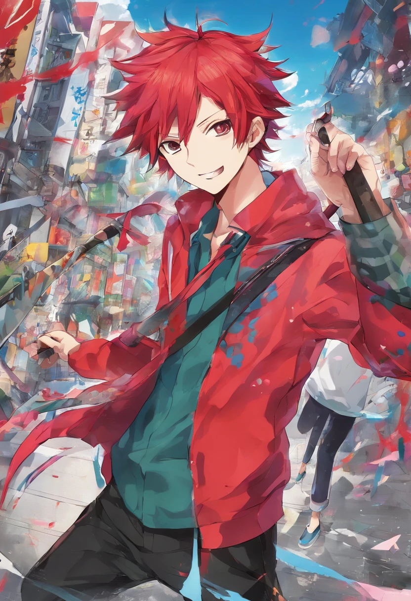 1 boy, (red hair), bright blue eyes, pointy ears, looking forwards, sword in hand pointed at camera, destroyed town in background, artsy, colorful, gritty, bloody, fully clothed, (closed checker pattern shirt), ((sharp eyes)), hero, sharp features, lanky, flat chin, long neck ((rigid hair)), (high quality), ((One Piece Wano arc art style))