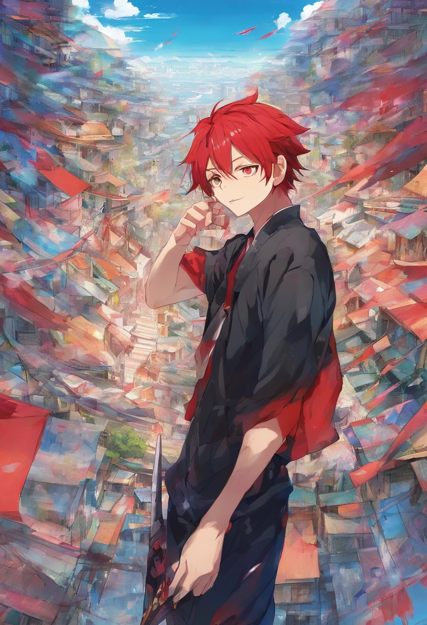 1 boy, (red hair), bright blue eyes, pointy ears, looking forwards, sword in hand pointed at camera, destroyed town in background, artsy, colorful, gritty, bloody, fully clothed, (closed checker pattern shirt), ((sharp eyes)), hero, sharp features, lanky, flat chin, long neck ((rigid hair)), (high quality), ((One Piece Wano arc art style))