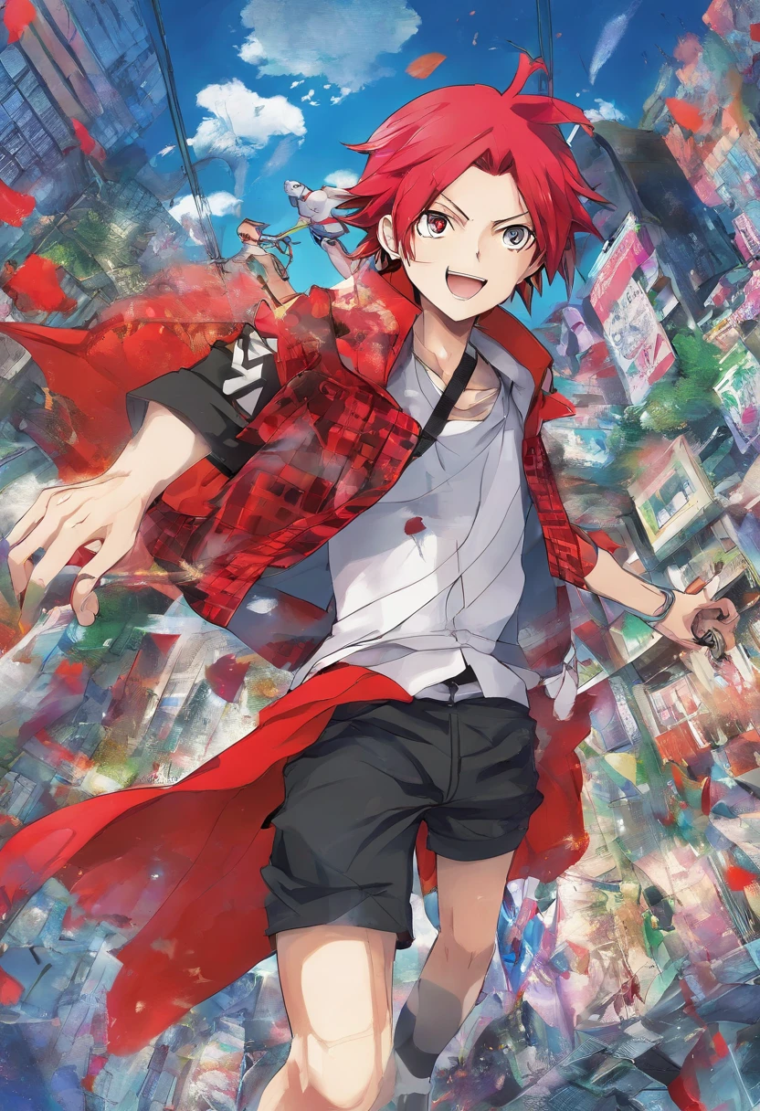 1 boy, (red hair), bright blue eyes, pointy ears, looking forwards, sword in hand pointed at camera, destroyed town in background, artsy, colorful, gritty, bloody, fully clothed, (closed checker pattern shirt), ((sharp eyes)), hero, sharp features, lanky, flat chin, long neck ((rigid hair)), (high quality), ((One Piece Wano arc art style))