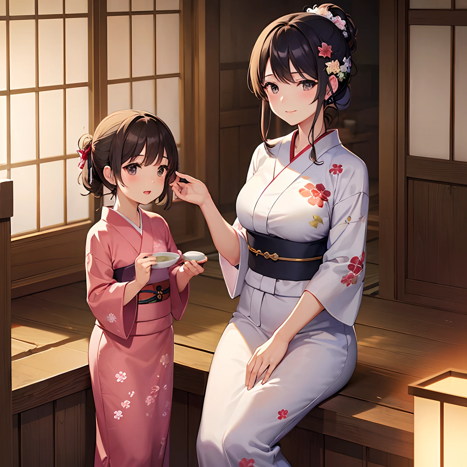 (Masterpiece, highest quality:1.3), High resolution, (illustration: 1.3), Onsen Inn, mother and daughter in yukata, yukata