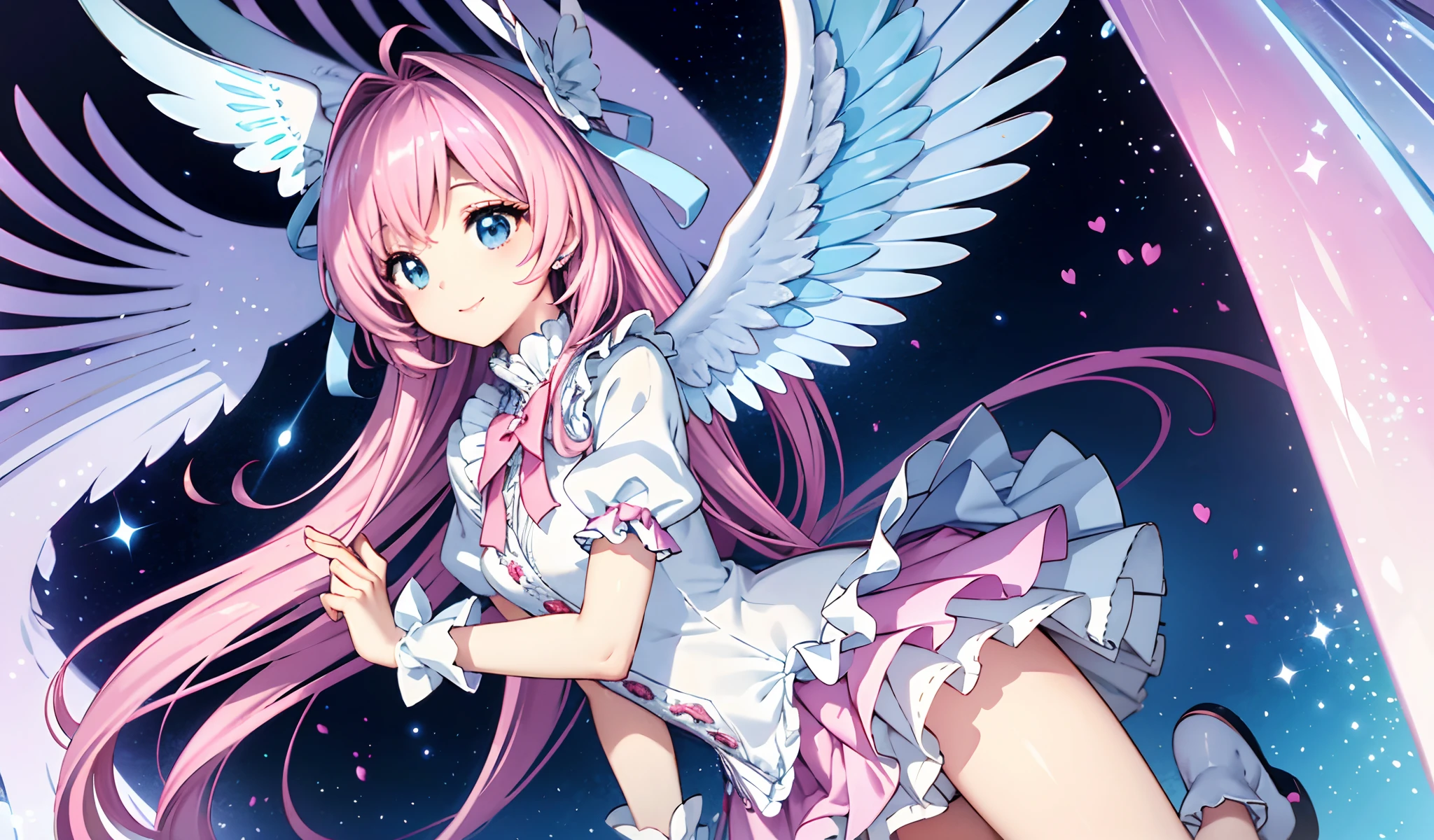 Big big wings of angels shining in seven colors、1 Kawaii Girl、adorable smiling、Light blue long hair、Twin-tailed、Colorful angel costume in white and pink ta style with lots of frills、((top-quality))、((masterpiece))、(ighly detailed、highestdetailed、Official art、Beautifully Aesthetic:1.2)