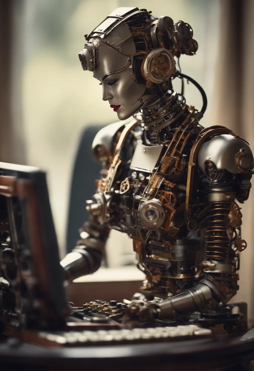 create an image of a female mechanical robot figure with the head of a female sitting at a typewriter