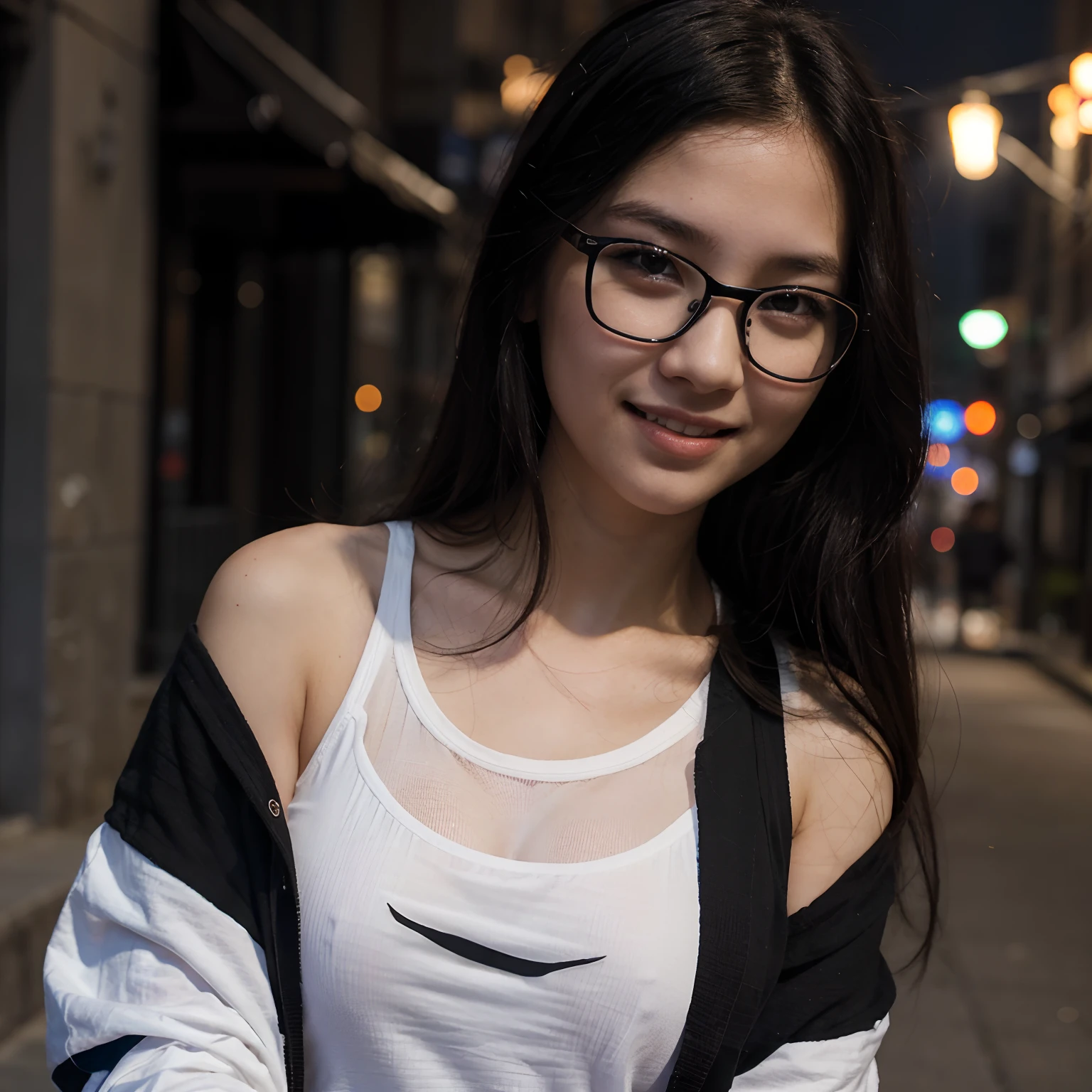 japanese woman, black hair, black eye, semi long hair, wear round glasses, fat lip, small nose, small mouse, narrow neck, middium chest, white t shirts, short jeans, sun tan, 