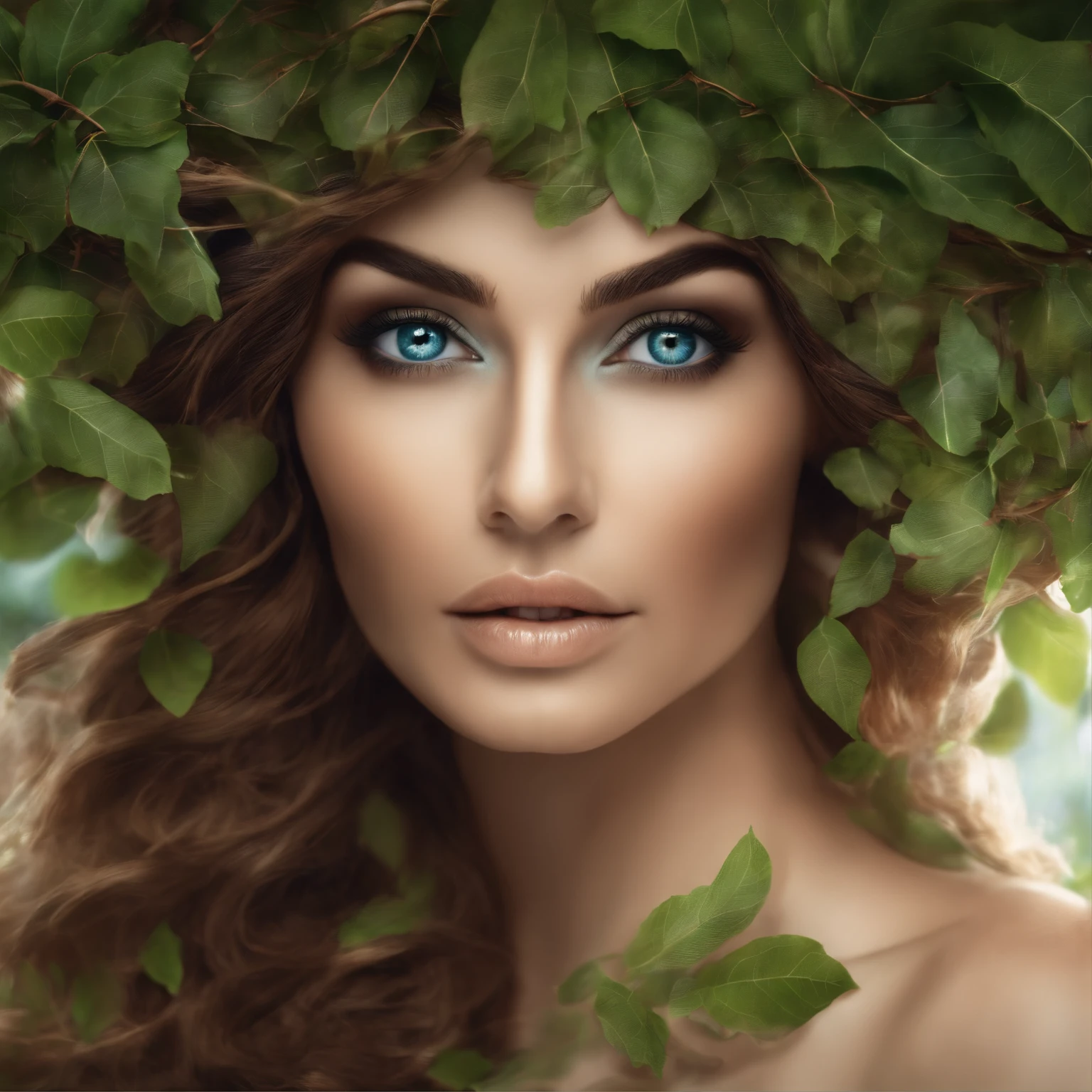 (Beautiful eyes、delicate nose、delicate mouth、Beautuful Women)、8k、close up, Arbomorph Woman's face hug turns into a lush tree, Roots as feet, Arm-like branches, Some leaves fly on a white background,