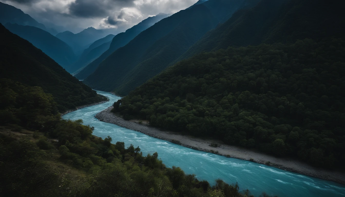 The blue river seen from the height of the Nepalese mountains.