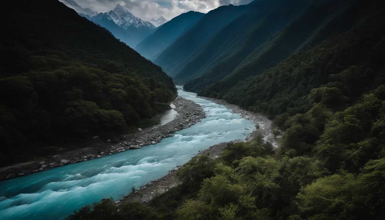 The blue river seen from the height of the Nepalese mountains.
