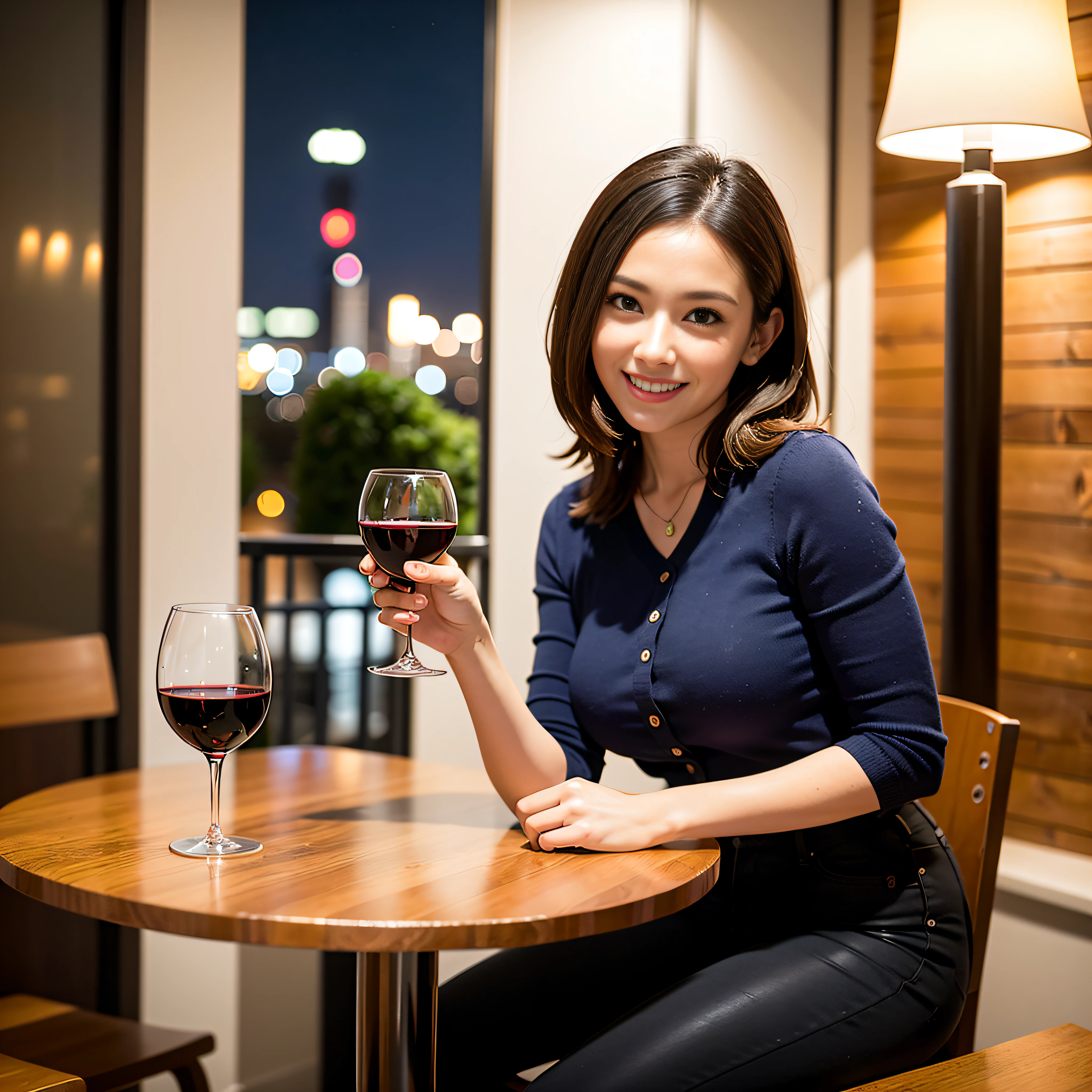(64K, UHD, top quality, masterpiece: 1.2), (realistic, photorealistic: 1.37), super detailed, pretty woman 1 person, (slim face), (slim body), (brown hair), (short cut), cheeks slightly blushing, (35 years old), 38 years old, solo, beautiful detailed urban night view outside the window, restaurant, wine glasses sit, at night, in a prominent place (from the waist up) NovaFrogStyle, Actress, Model, Waist Up, White Wine, Slim, Wine Glass, Super Clean Night View, Wine Glass Put in the Middle, Happy Smile, (Smile: 1.15), Beautiful Fine Eyes, Upper Body, Bust Japan Up, Night, Short, Short, Actress, Model, Waist Up, White Wine, Slim, Wine Glass, Super Clean Night View, Wine Glass Put in the Middle, Happy Smile,