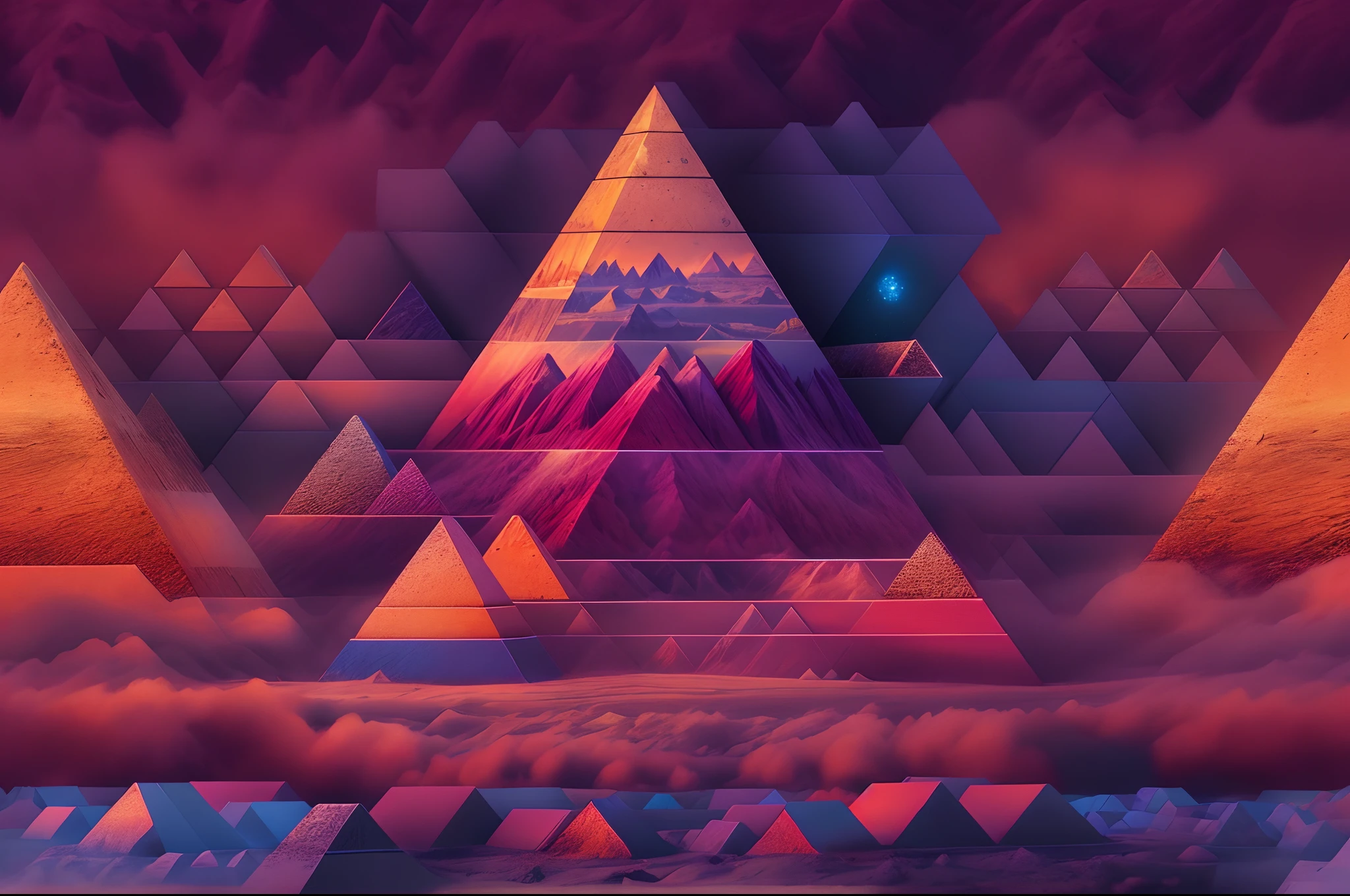 (best quality,4k,highres,masterpiece:1.2),ultra-detailed,(realistic,photorealistic,photo-realistic:1.37),low-polygon geometric shapes,puzzling,multi-dimensional,unusual shapes,romantic nebula,chaotic cube mosaics,dark,destroyed planet,pyramid maze geometric shapes,ethereal portraits,landscape,concept artist,vibrant colors,warm color tone,soft lighting,landscape photography: Max Leawand and Ryan Darl