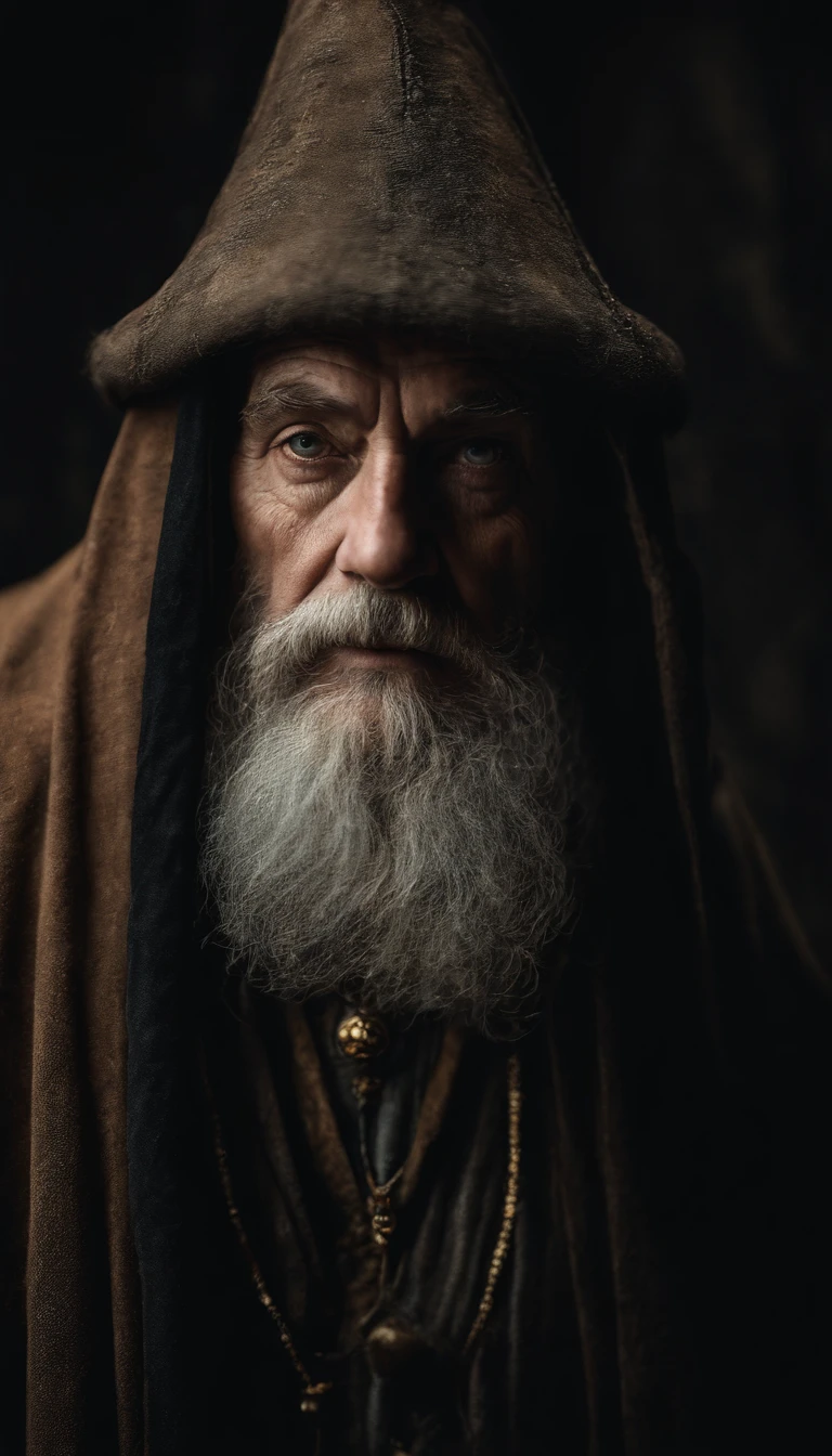 A portrait of a wizard, bearded, wrinkled, weathered, with piercing eyes, detailed face, high details, photography, dark studio, rim light, Nikon D850, 50mm, f/1.4