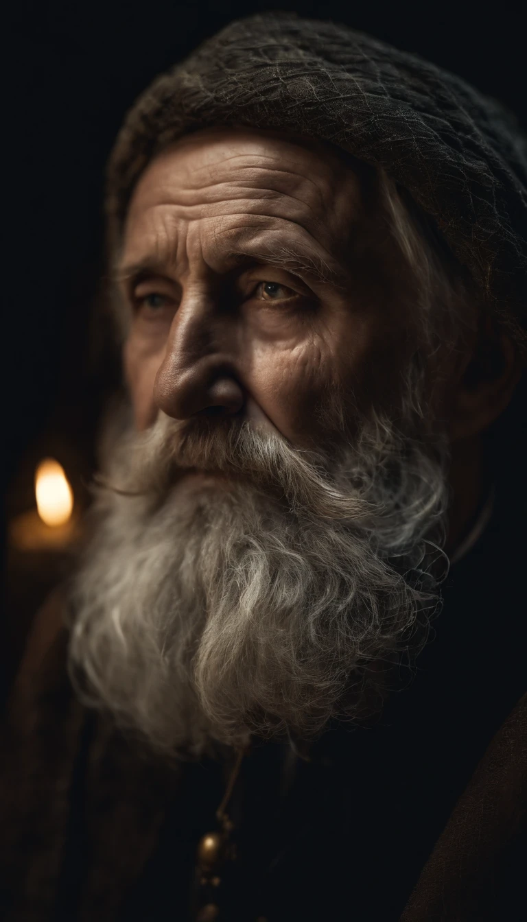 A portrait of a wizard, bearded, wrinkled, weathered, with piercing eyes, detailed face, high details, photography, dark studio, rim light, Nikon D850, 50mm, f/1.4