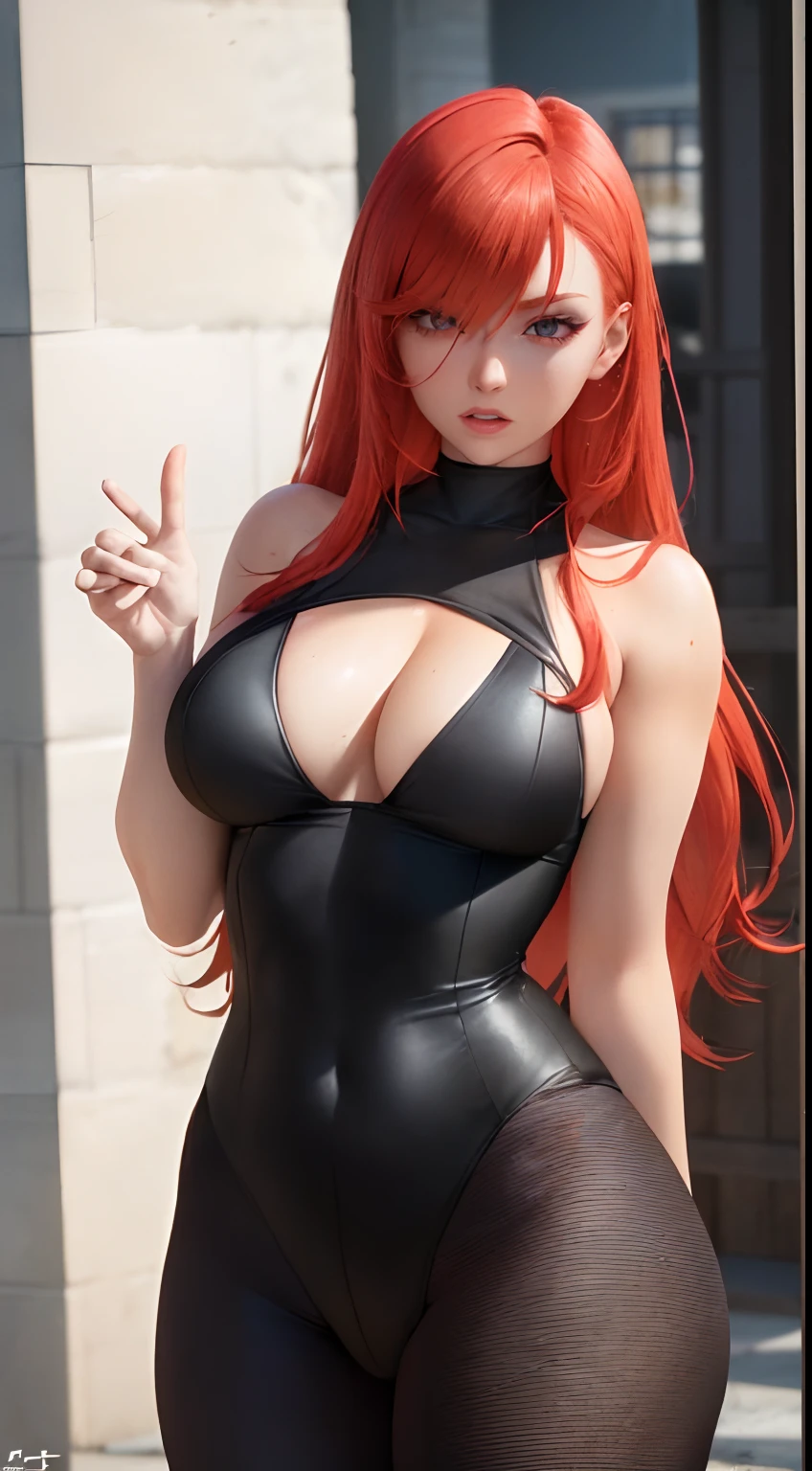 there is a woman with red hair and a black top posing, anya from spy x family, realistic shaded perfect body, leeloo outfit, character is in her natural pose, realistic anime 3 d style, thicc, she has long redorange hair, redhead girl, photorealistic anime girl render, she is redhead, perfectly shaded body, rendered in sfm
