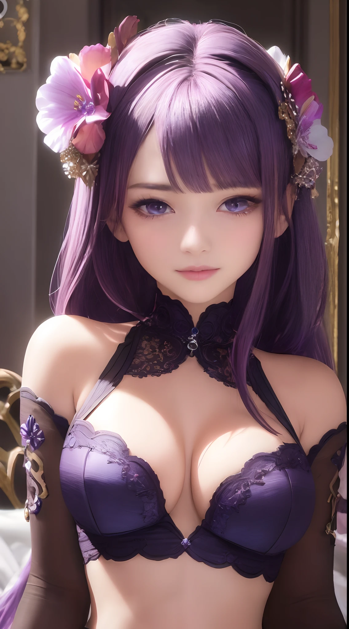 (masterpiece, sidelighting, finely detailed beautiful eyes: 1.2), masterpiece*portrait, realistic, 3d face, glowing eyes, shiny hair, lustrous skin, solo, embarassed, (midriff), purple hair, soft lips, glossy lips