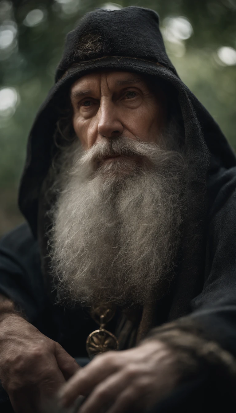 A portrait of a wizard, bearded, wrinkled, weathered, with piercing eyes, detailed face, high details, photography, natural light, Nikon D850, 50mm, f/1.4,looking at viewer