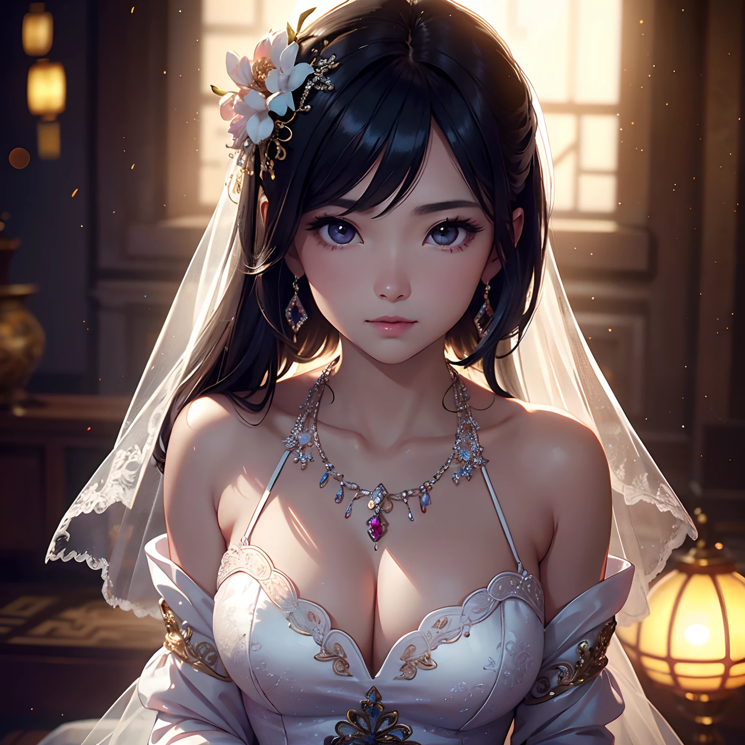 Best Quality, masutepiece, hight resolution, 1girl in,china wedding  dress,Hair Ornament,Necklace, Jewelry,Beautiful face,Inserting a into the_Body, Tindall Effect,Photorealistic, Dark Studio, Rim lighting, two tone lighting,(High detailed skin:1.2), 8K UHD, Digital SLR, Soft lighting, High quality, Volumetric lighting, Candid, photograph, High resolution, 4K, 8K, Bokeh