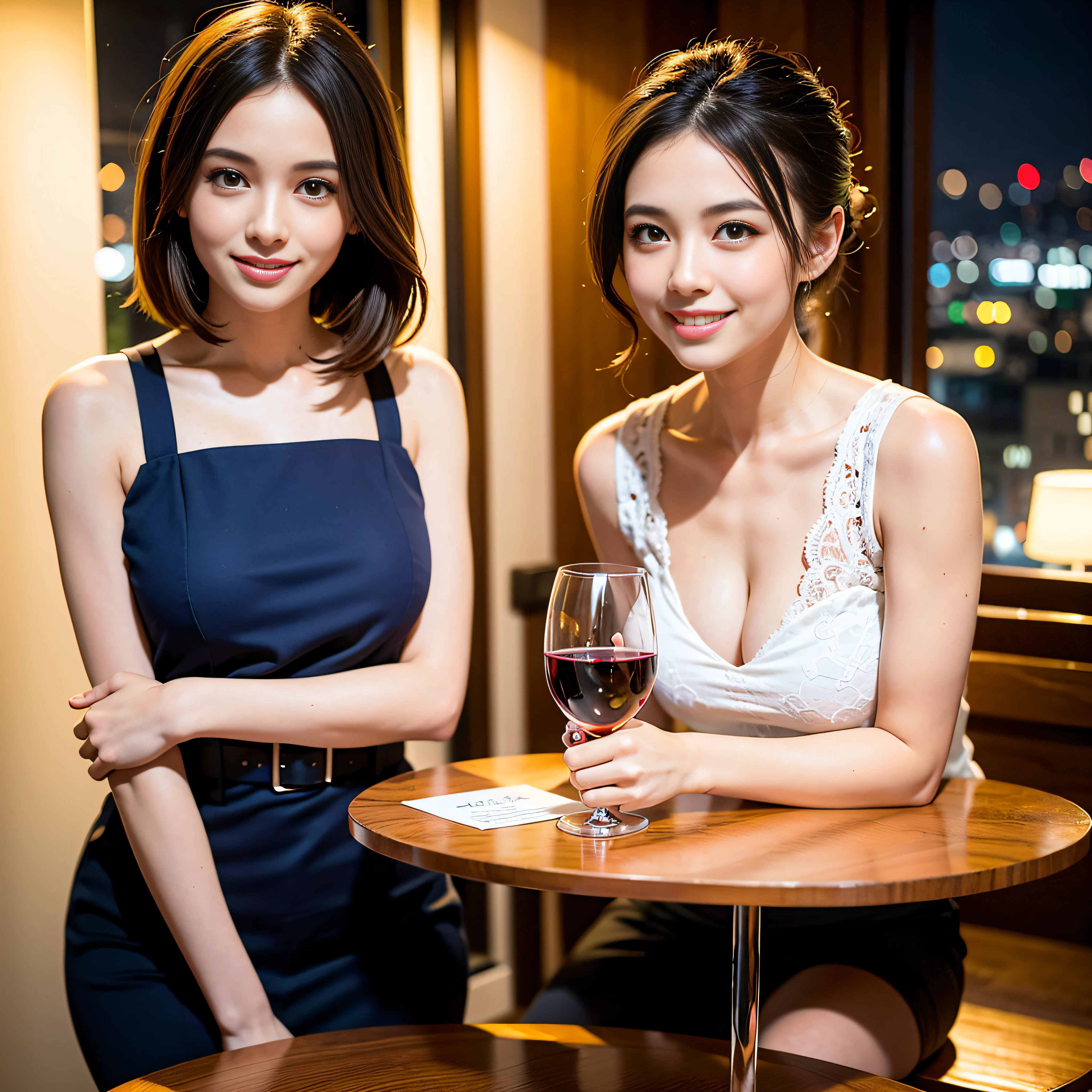 (64K, UHD, top quality, masterpiece: 1.2), (realistic, photorealistic: 1.37), super detailed, pretty woman 1 person, (slim face), (slim body), (brown hair), (short cut), cheeks slightly blushing, (44 years old), 38 years old, solo, beautiful detailed urban night view outside the window, restaurant, wine glasses sit, at night, in a prominent placeNovaFrogStyle, Actress, Model, Waist Up, White Wine, Slim, Wine Glass, Super Clean Night View, Wine Glass Put in the Middle, Happy Smile, (Smile: 1.15), Beautiful Fine Eyes, Upper Body, Bust Japan Up, Night, Short, Short, Actress, Model, Waist Up, White Wine, Slim, Wine Glass, Super Clean Night View, Wine Glass Put in the Middle, Happy Smile,