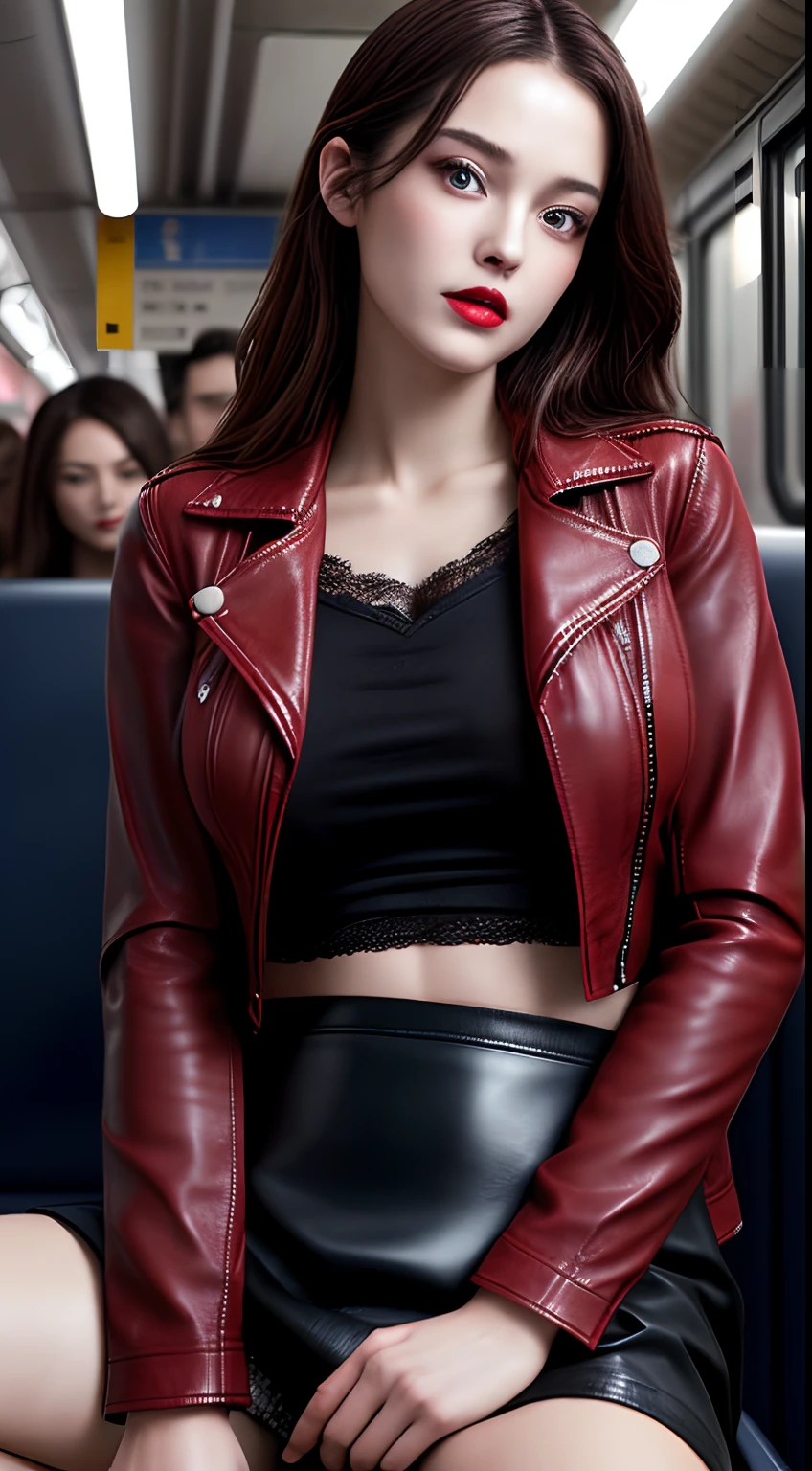 1girl, Beautiful, Amazing face and eyes, makeup, red gloss lips, (extremely detailed beautiful face), (sexiest look), (Beautiful big breasts), (leather jacket, Tight Skirt:1.2), (Best Quality:1.4), (Ultra-detailed), (extremely detailed CG unified 8k wallpaper), Highly detailed, RAW Photos, Professional Photography, crowded train, Sitting, (Spread your legs), (sheer lace panties), Scenery like a scene from a movie,