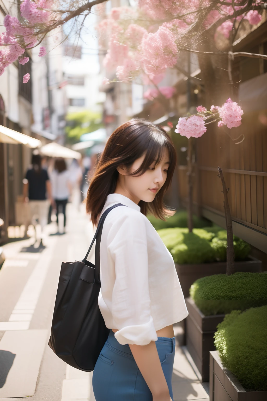 Foreground:1girll, Skinny linen pants, Skinny linen top, Sexy figure, Photo shoot from behind, review, profile, Medium Hair, My face is hidden by my hair, profile, Background with:Japanese-style street, Both sides are full of flowers, low angle shot, hyperphotorealism, 电影灯光...