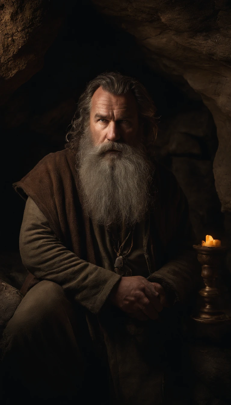 cinematic portrait photo, medium shot of a male middle-aged dwarf inside a cave, big ruddy nose, grizzled mid-length shaggy hair, high forehead, bushy greying beard, portly, robust, serious and impetuous expression, fantasy dwarven old and dirty clothes, highly detailed vfx portrait, Canon EF 24-70mm f/2.8L II USM lens on a Canon EOS 5D Mark IV camera, lord of the rings design, fantasy, sconces on the cave walls, atmospheric