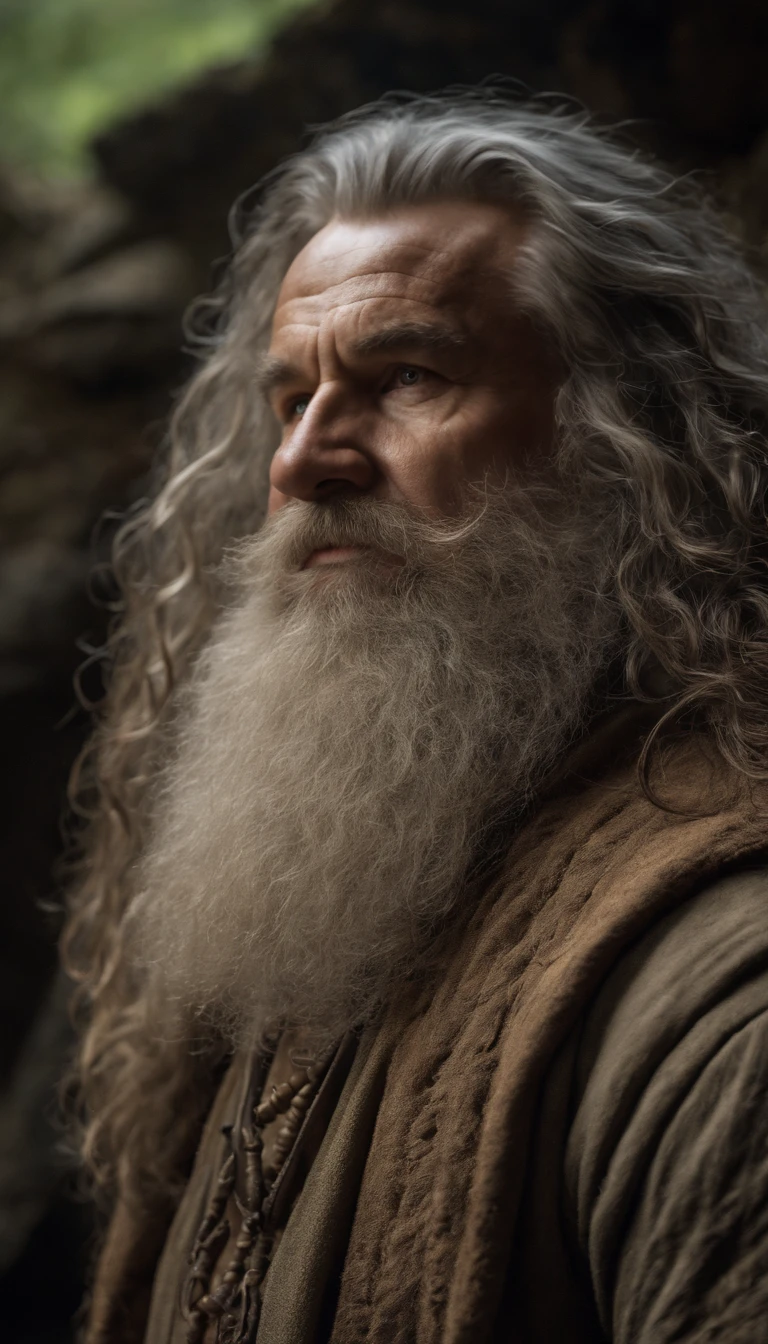 cinematic portrait photo, medium shot of a male middle-aged dwarf inside a cave, big ruddy nose, grizzled mid-length shaggy hair, high forehead, bushy greying beard, portly, robust, serious and impetuous expression, fantasy dwarven old and dirty clothes, highly detailed vfx portrait, Canon EF 24-70mm f/2.8L II USM lens on a Canon EOS 5D Mark IV camera, lord of the rings design, fantasy, sconces on the cave walls, atmospheric