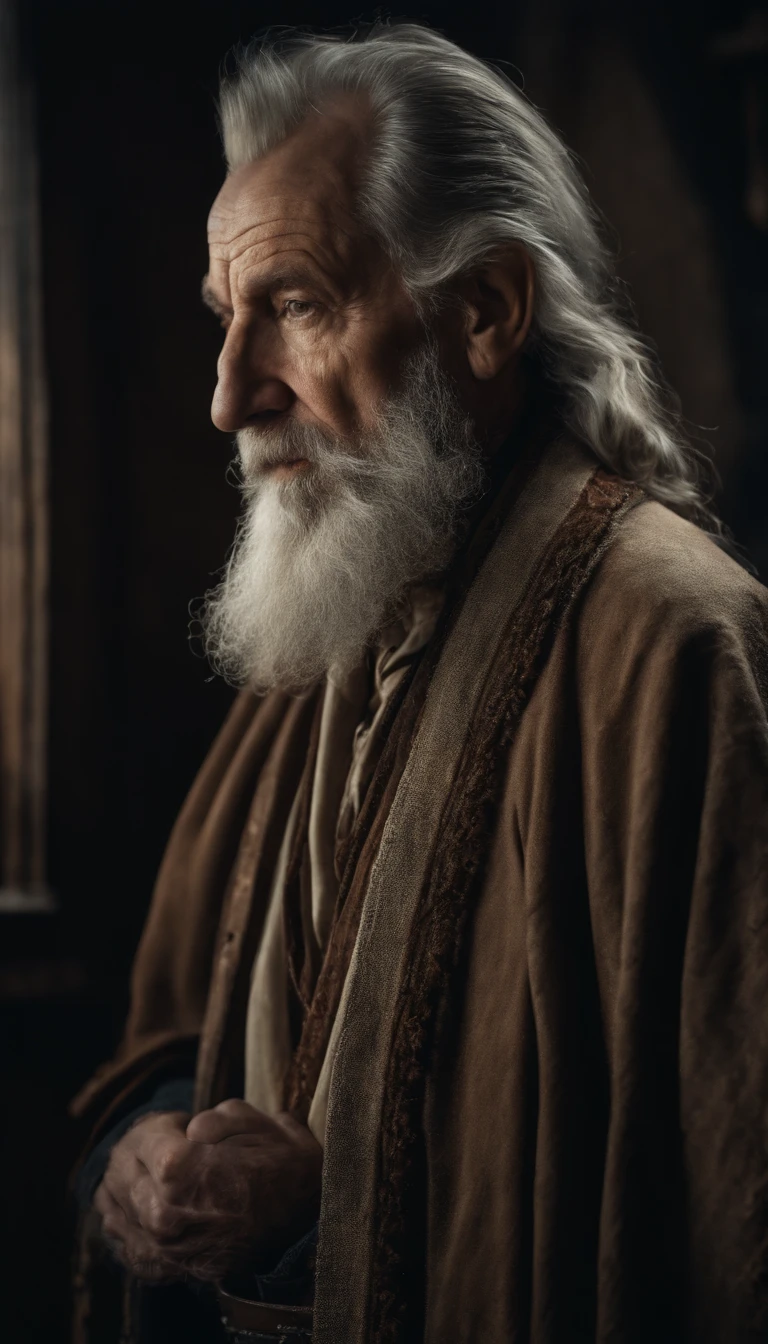 A portrait of a wizard, bearded, wrinkled, weathered, with piercing eyes, detailed face, high details, photography, dark studio, rim light, Nikon D850, 50mm, f/1.4