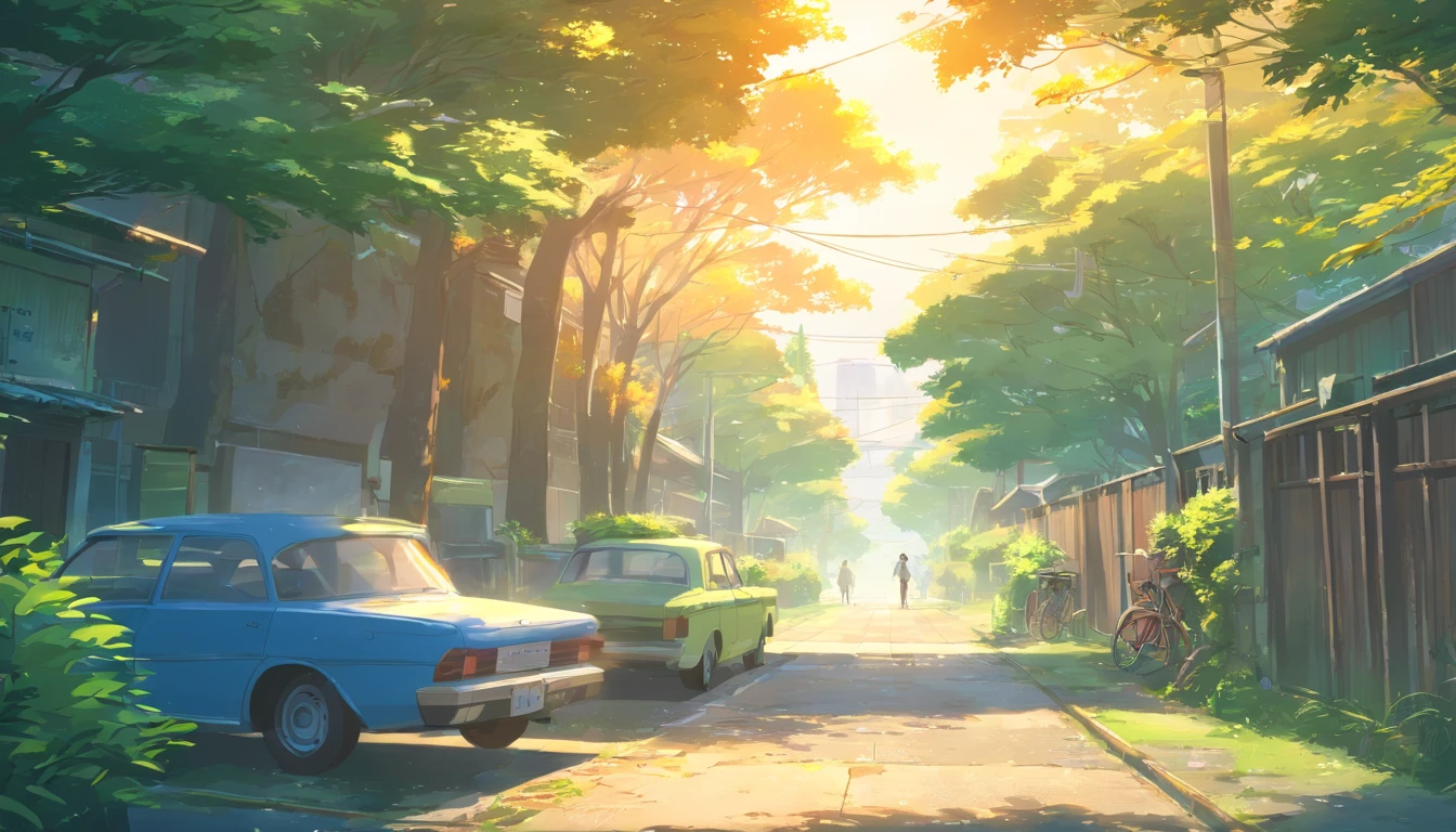 (best quality,4k,8k,highres,masterpiece:1.2),school,junkyard,setting sun,lush bushes,scattered paper bags,old wooden fence,abandoned rusty cars,paint peeling off the walls,crumbling concrete floor,overgrown vines,closed doors and windows,dust particles floating in the air,soft golden light filtering through the trees,mysterious atmosphere.