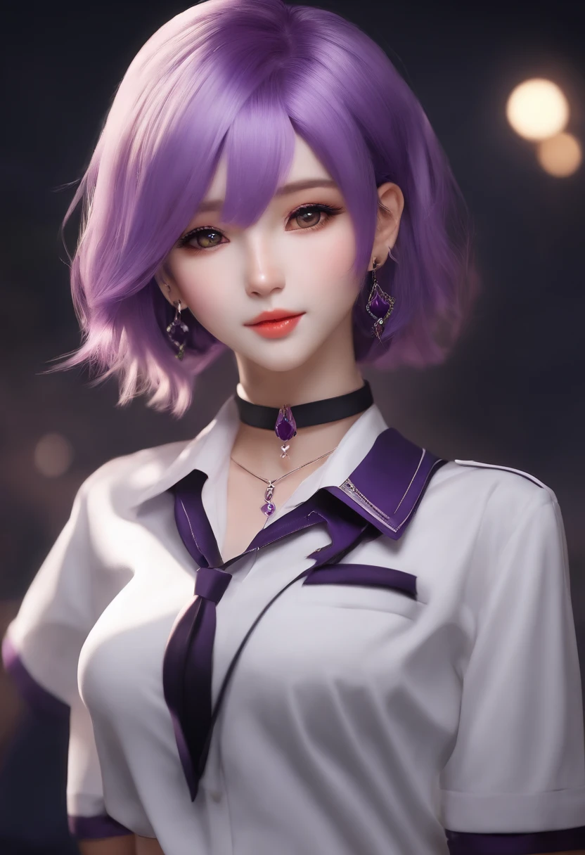 Masterpiece,1girl,solo, light smile, metal necklace, white shirt, modern school uniform, accessories, two-tone hair color in purple and black, unique hairstyle, stylish, black background
