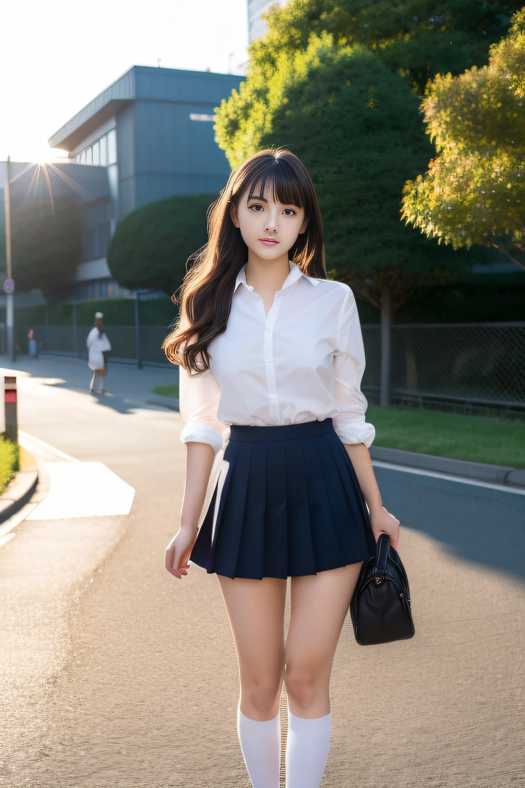 (Raw foto、​masterpiece、top-quality、Hi-Res)、Cute Japan person、Walking、be shy、Shyness、18year old、One Woman、attractive bodies、Colossal tits:1.4、Long wavy hair、High School School Uniform、thighs thighs thighs thighs、White socks、open-shirt、Tight shirt、Sheer shirt、Ribbon on the head、serafuku、Very short skirt、School bag、lowfers、pavement、A city scape、Fluttering skirt、Fluttering hair、panties on、embarrassed from、(perfect anatomia、Beautiful limbs、Healthy body,Beautiful skin)、early evening、sunset glow、Professional、