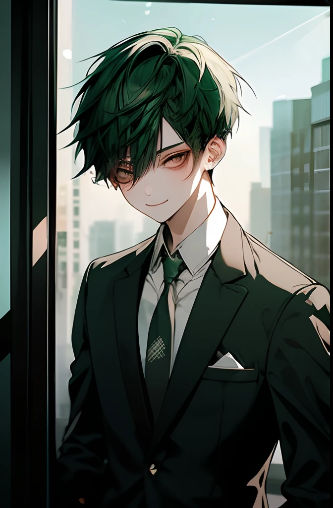 1kpop boy with tatoos, thin body, cute smile, fade green cut hair, business suit, jacket, white shirt, necktie, pants, best quality, hires, detailed face, office, buildings from window, detailed background, diffused sunlight, depth of field, bokeh, photographic shot