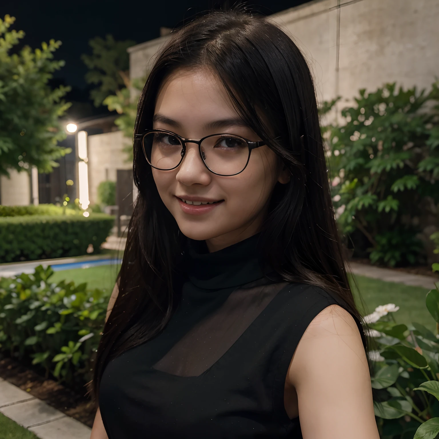 Very young female, half chinese, small slit-eyed, glasses, black hair, flawless white skin, long hair, photorealistic, best quality, hyper detailed, middle school student, beautiful woman, selfie photo, upper body, solo, wearing black clothes, smiling at garden, midnight photo, without makeup, school, looking at viewer, skin texture, film grain, close up, ultra high res, best shadow, RAW, instagram LUT