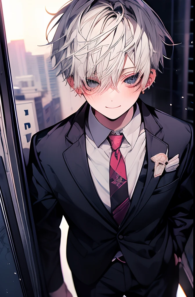 1kpop boy with tatoos, thin body, white hair, cute smile, fade cut hair, business suit, jacket, white shirt, necktie, pants, best quality, hires, detailed face, office, buildings from window, detailed background, diffused sunlight, depth of field, bokeh, photographic shot