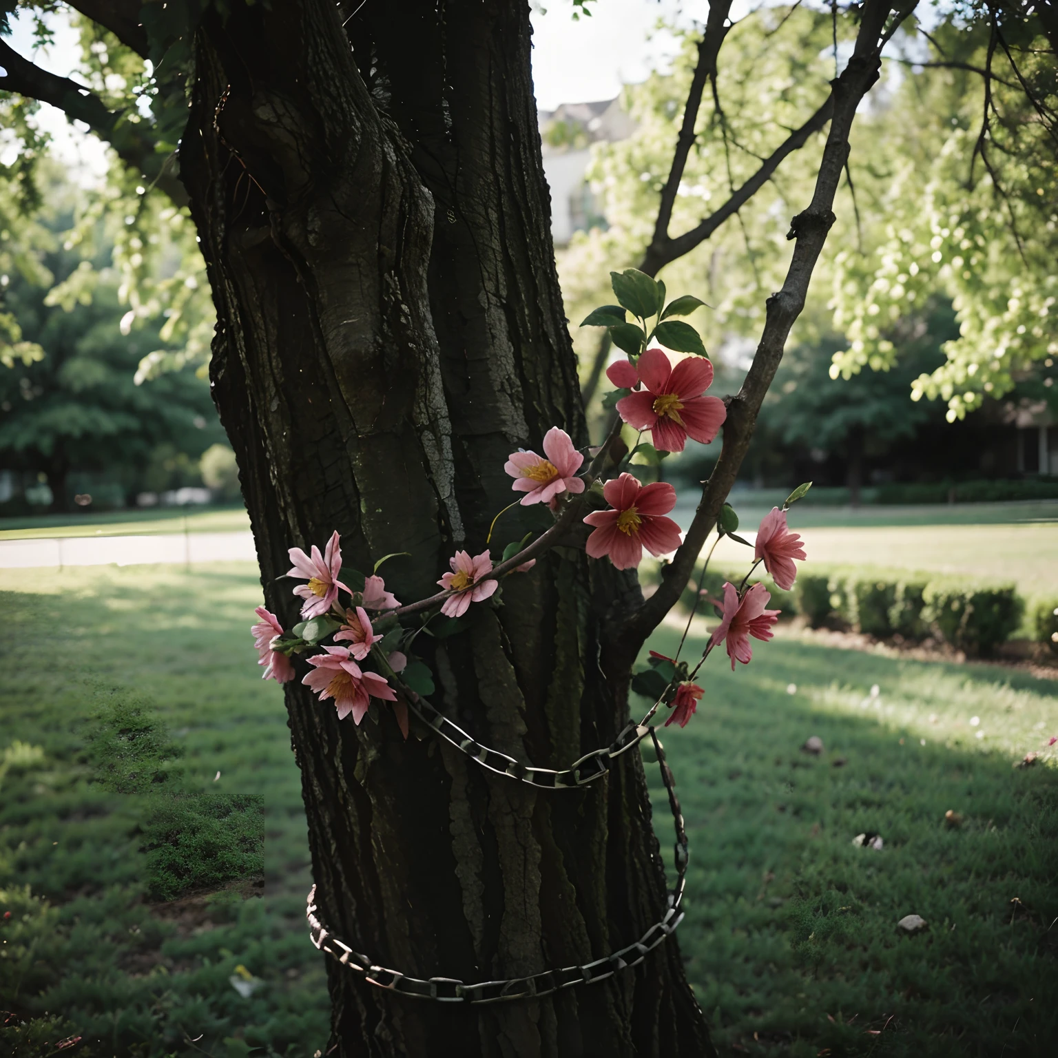 a naked young woman tied to a tree with rope and standing close to an apple tree, 1girl, nipples, breasts, solo, piercing, nude, bound, bondage, bdsm, female pubic hair, pubic hair