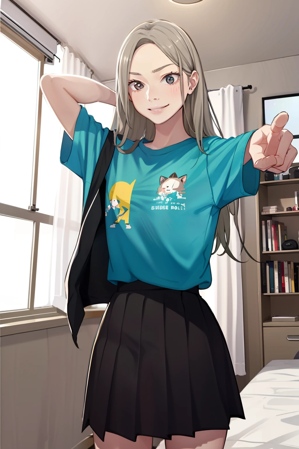 1 girl, smile, shirt, skirt, (small) chillerism, her own room, changing clothes, while changing clothes,