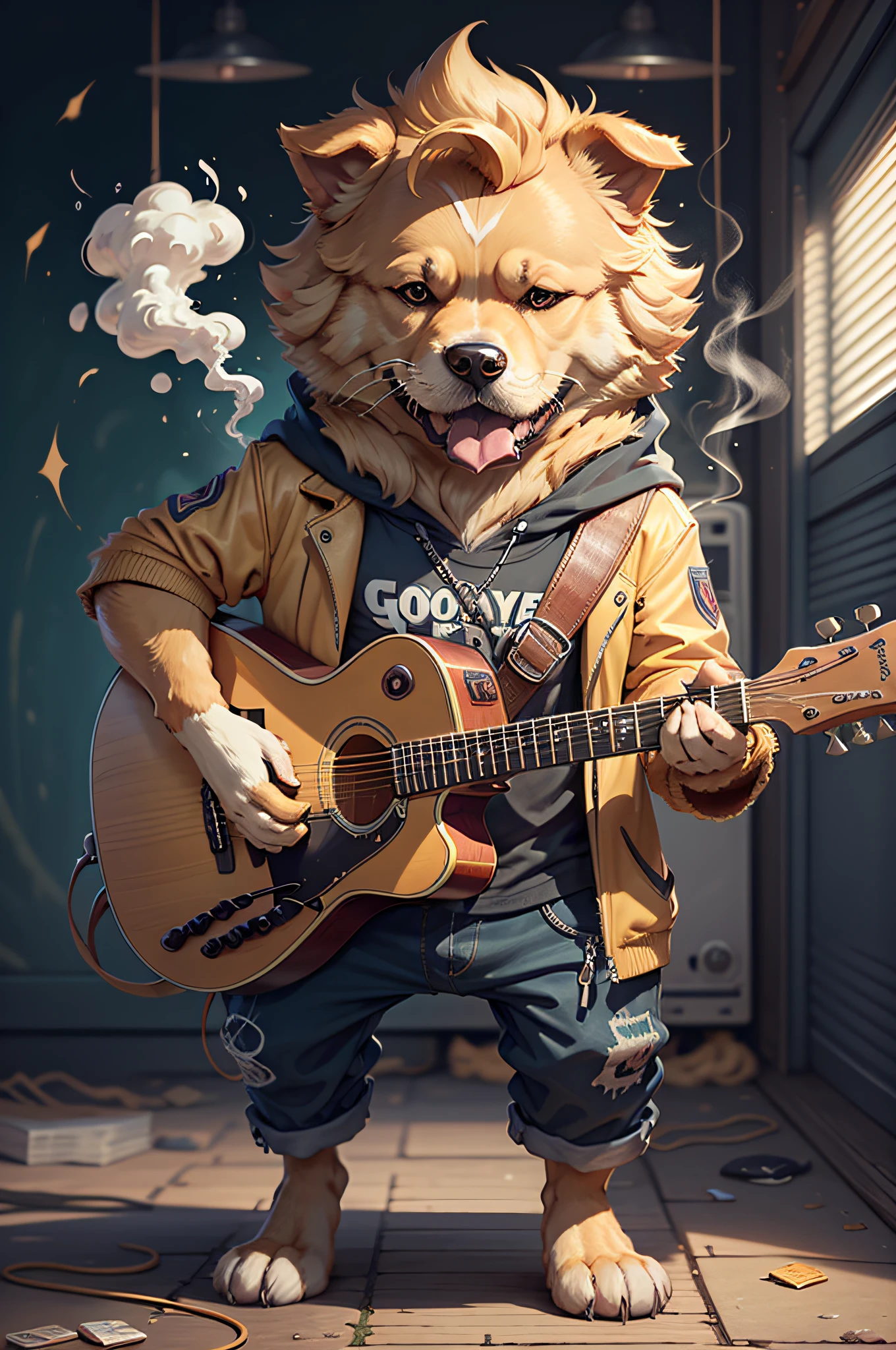 Cartoons of guitar players、Anthropomorphic Golden Retriever Dog（Holding a cigarette）