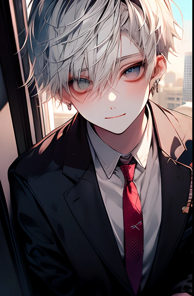1kpop boy with tatoos, thin body, white hair, cute smile, fade cut hair, business suit, jacket, white shirt, necktie, pants, best quality, hires, detailed face, office, buildings from window, detailed background, diffused sunlight, depth of field, bokeh, photographic shot