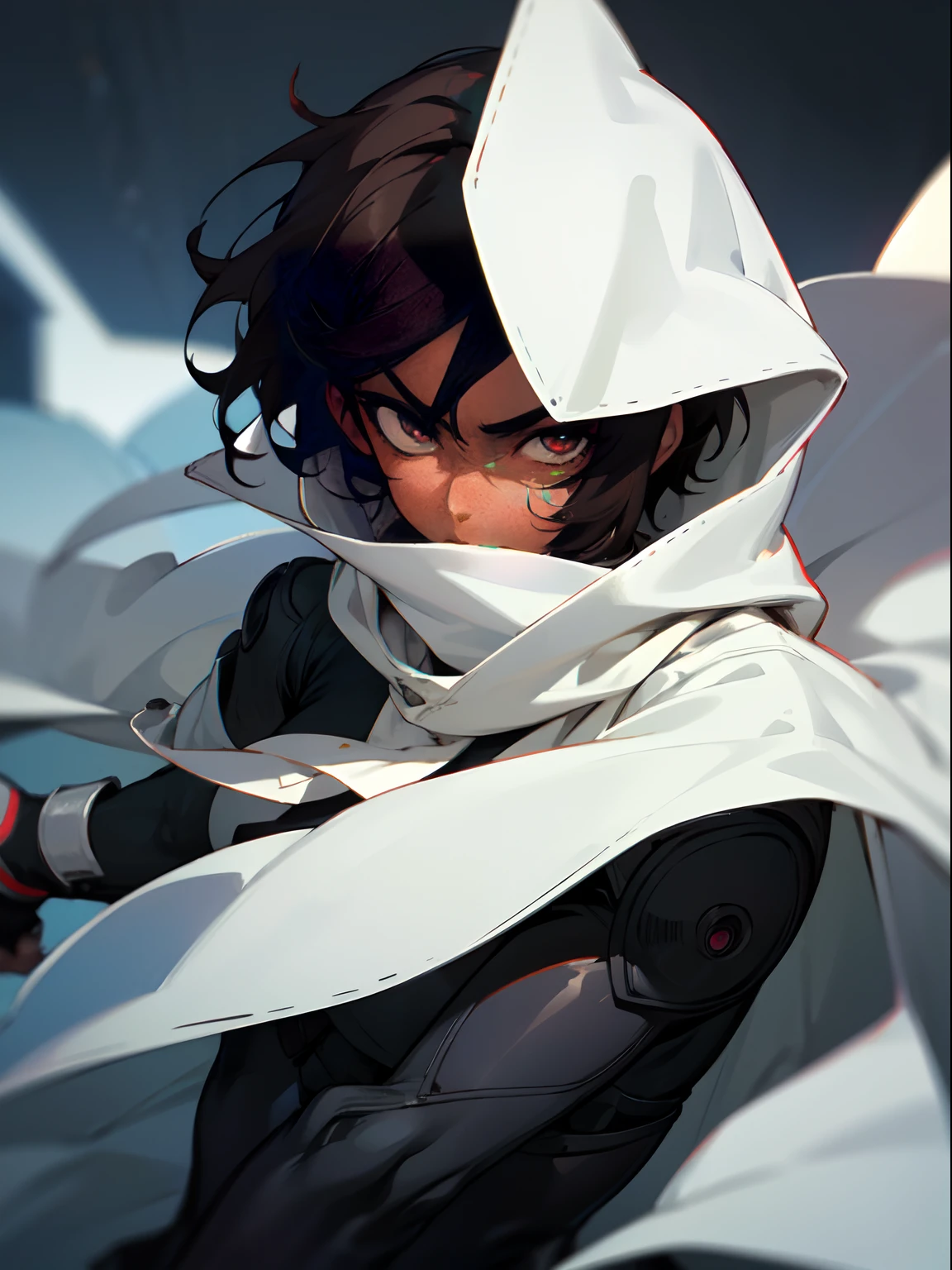Masterpiece, highres, High quality, Dark skin teen, male, slightly buff, medium dark brown hair hair, big innocent eye's, wearing a black full bodysuit, six white long torn scarf, hooded white cloaks, black big Gauntlets, dramatic sho, intensive, cool, badass, close up