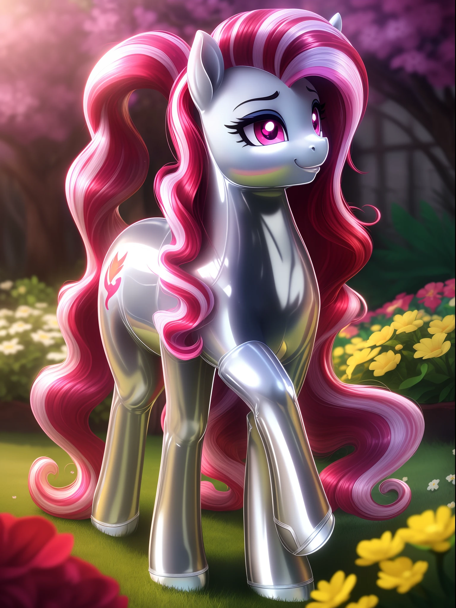 feral pony, portrait, (raytracing), (cinematic lighting) (masterpiece), High Definition, ((shiny silver latex pony body)), ((shiny silver latex pony face)), (((red clear eyes))), ((long red wavy hair and tail with pink highlights)), ((four hooves)) female, mare, {my little pony}, (((cute))), (((pony))),  flower garden, cutie mark