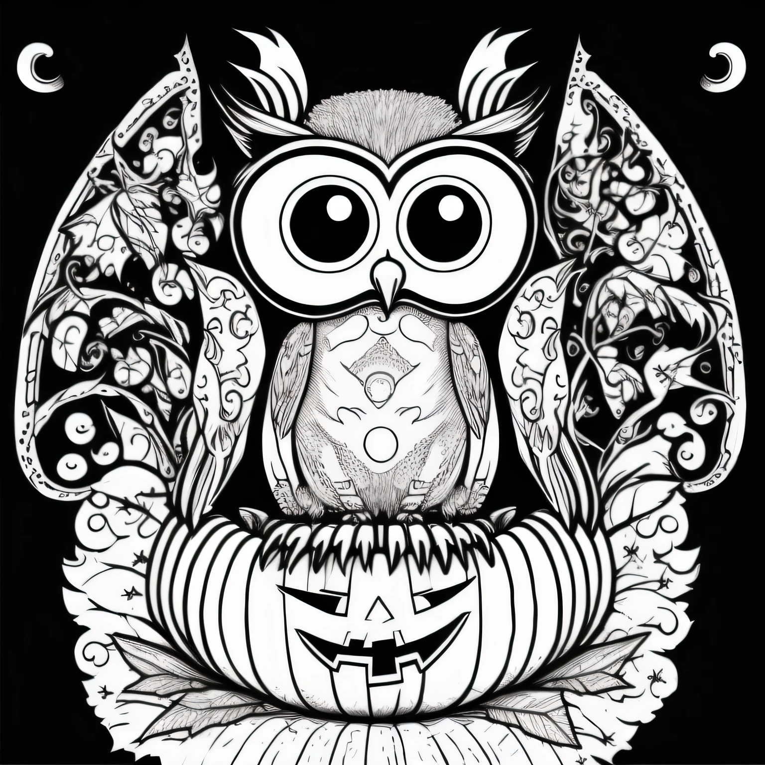 (halloween owl sitting on a pumpkin, owl wizard), COLR_001, intricate, cute, simple, white background, black and white, thin lines