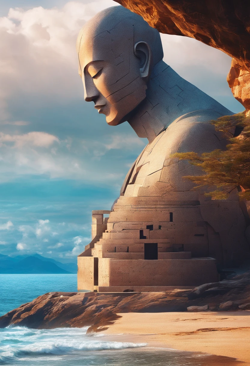 (Masterpiece, Best quality:1.2), Super detail, Cinematic lighting, hdr, illustration, The huge stone head is a habitat in the sea, Colorful, Monks marching, Mystery, Highly detailed, High contrast, Golden ratio composition, epic view, Masterpiece,