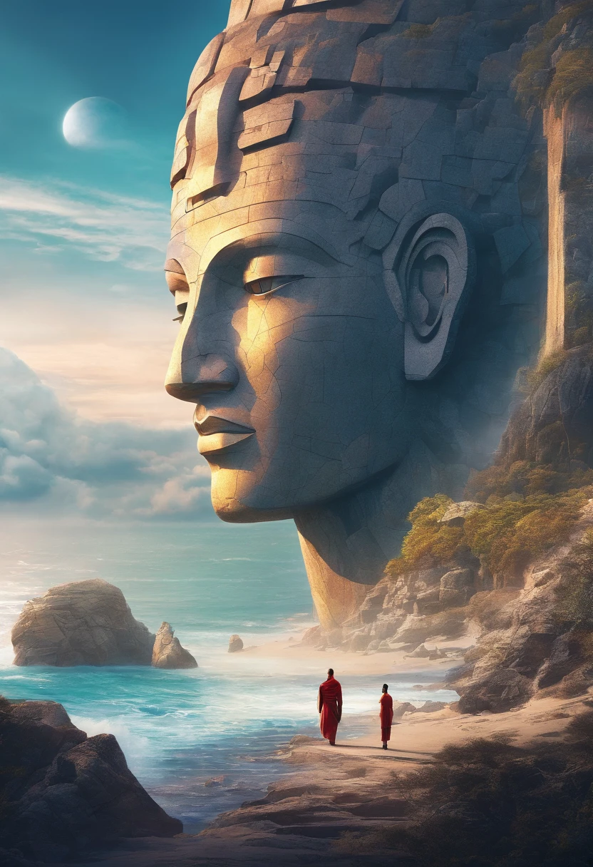 (Masterpiece, Best quality:1.2), Super detail, Cinematic lighting, hdr, illustration, The huge stone head is a habitat in the sea, Colorful, Monks marching, Mystery, Highly detailed, High contrast, Golden ratio composition, epic view, Masterpiece,